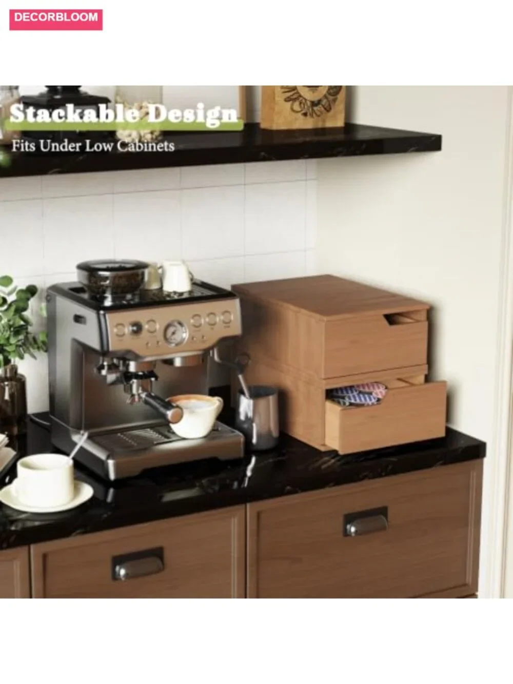 Bamboo Coffee Pod Organizer Drawer, Stackable K-Cup Holder, 30 Capacity Storage